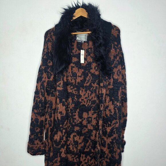 NEW Anthropologie Jacquard Long Open Front Sweater Coat Fur Collar XL $248 - Picture 3 of 7